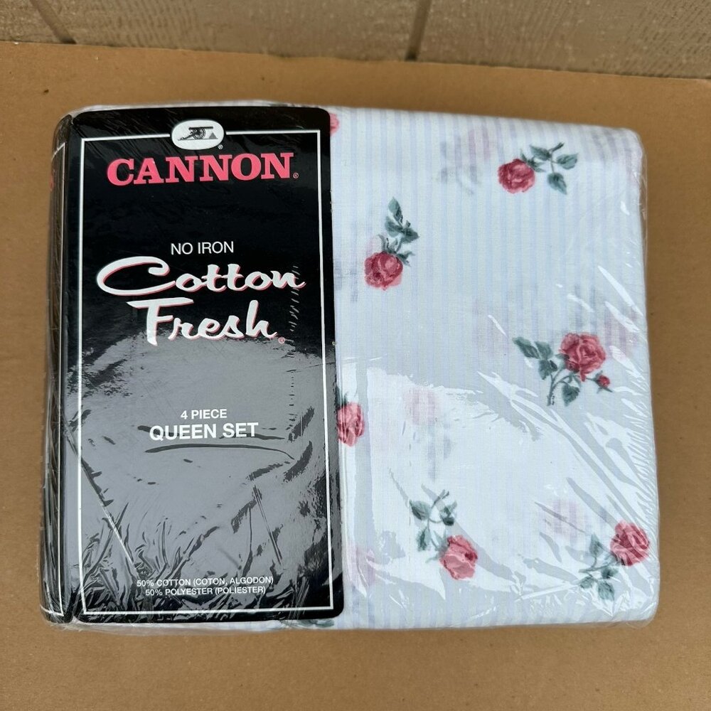 Vintage Cannon Victorian Rose Pink Floral 5 Piece Queen Sheet Bedspread Set New - Picture 5 of 10